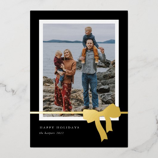 大胆なリボン シンプル フォト ゴールド 箔シーズンカード (正面)