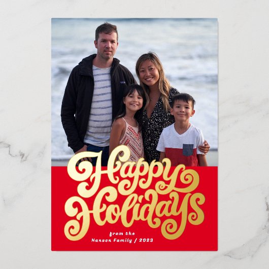 大胆なレトロスクリプトスクエアフォトホリデーカード 箔シーズンカード (正面)