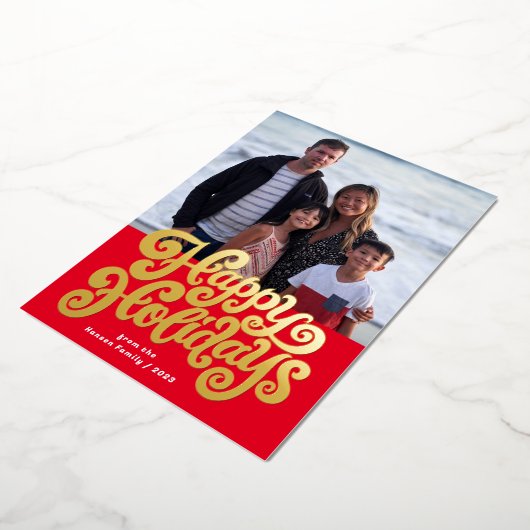 大胆なレトロスクリプトスクエアフォトホリデーカード 箔シーズンカード (回転した状態)