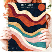 大胆な抽象ブラシストローク波と太陽のカスタムネーム プランナー手帳