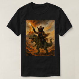 大胆な水彩画の恐竜騎乗カウボーイ猫 Tシャツ