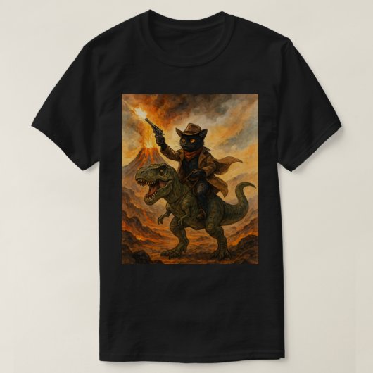 大胆な水彩画の恐竜騎乗カウボーイ猫 Tシャツ (デザイン正面)