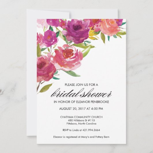 大胆な水彩花のウェディングシャワー招待状 招待状 (正面)