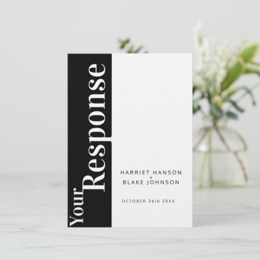 大胆な白黒テキストの結婚式返信ハガキ 招待状 (スタンド正面)