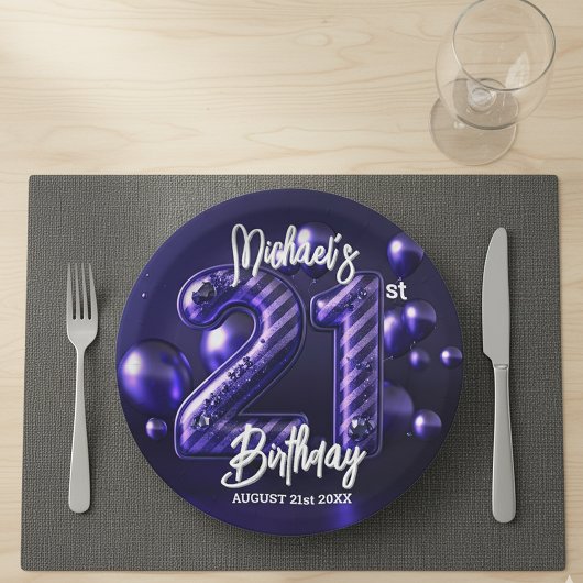 大胆な紫のラメストライプの21歳の誕生日 ペーパープレート