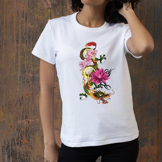 大胆な緑の中国の龍蓮茶色のタトゥー Tシャツ