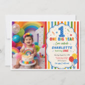 大胆な虹色の大きな1歳の誕生日おめでとう 招待状 (正面)