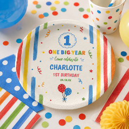 大胆な虹色の1歳の誕生日パーティー ペーパープレート