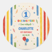 大胆な虹色の1歳の誕生日パーティー ラウンドシール (正面)