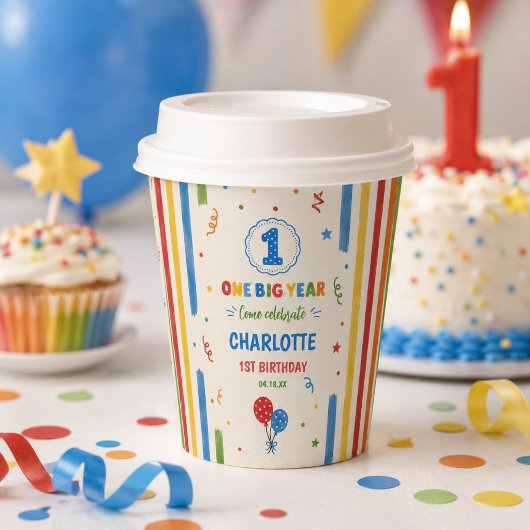 大胆な虹色の1歳の誕生日パーティー 紙コップ