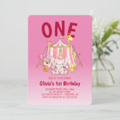 大胆な赤とピンクのサーカス 1歳の誕生日 招待状 (スタンド正面)