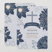 大胆な青い植物とクロス洗礼 招待状 (正面/裏面)
