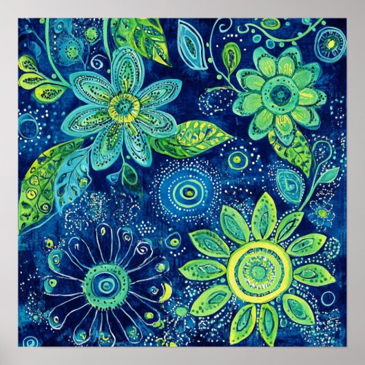 大胆な青と緑の花柄のフォークアート ポスター (正面)