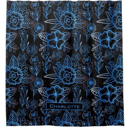 大花柄の青パーソナライズされた名 シャワーカーテン (正面)