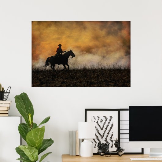 大草原の炎の列に乗るカウボーイ ポスター (ホームオフィス)