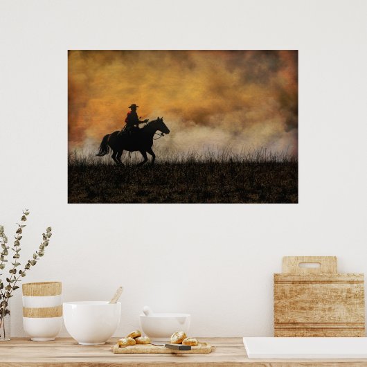 大草原の炎の列に乗るカウボーイ ポスター (キッチン)