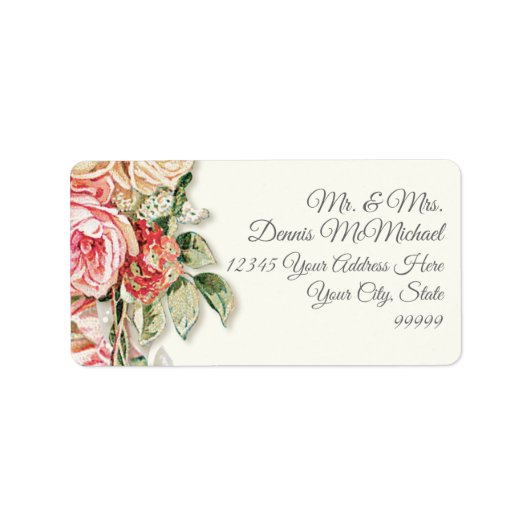 大規模な差出人住所エレガントヴィンテージ赤面バラ ラベル (正面)