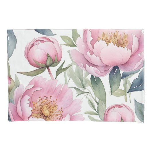 大輪のピンクの芍薬の水彩画 枕カバー (正面)