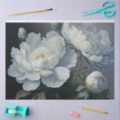 大輪の白、青、黒の芍薬アート、ムーディーな花柄 薄葉紙 (クラフト)