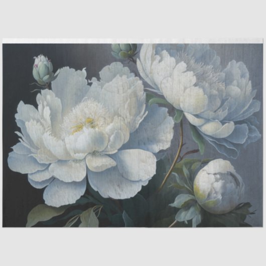 大輪の白、青、黒の芍薬アート、ムーディーな花柄 薄葉紙 (正面)