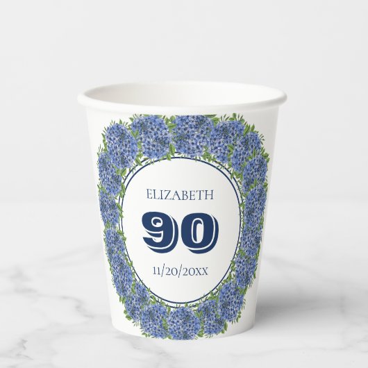 大輪の青いアジサイの華やかな90歳の誕生日パーティー 紙コップ (正面)
