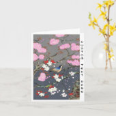 大野麦風 桜と青い鳥 新版画 カード (黄色い花)
