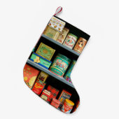 大量のカラフルヴィンテージ缶が表示される スモールクリスマスストッキング (正面 (吊り時))