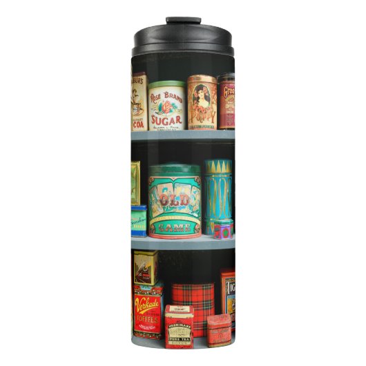 大量のカラフルヴィンテージ缶が表示される タンブラー (正面)