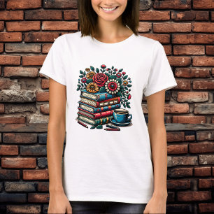 大量のヴィンテージブック、コーヒー、花 Tシャツ
