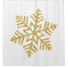 大金ゴールドグリッタースノーフレークオンホワイト シャワーカーテン
