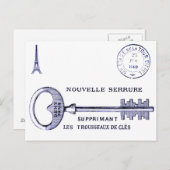 大鍵デザインとエッフェルタワーと消印 ポストカード (正面/裏面)