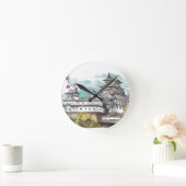 大阪城日本水彩画イラストレーション ラウンド壁時計 (ホーム)