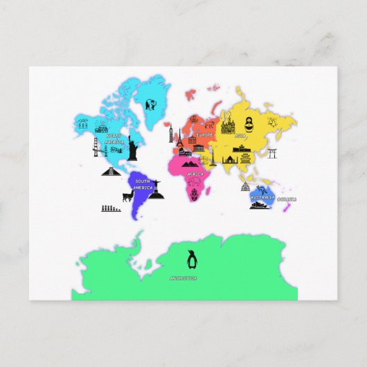 大陸の名前を持つ世界地図 ポストカード (正面)
