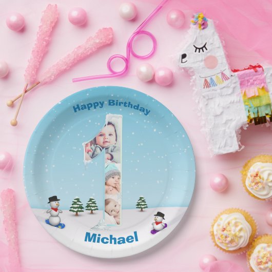 大1歳の誕生日の冬の雪の氷フォトコラージュ ペーパープレート (パーティー)