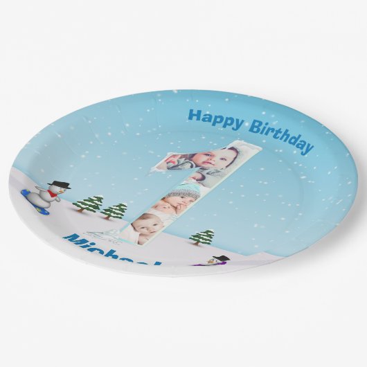 大1歳の誕生日の冬の雪の氷フォトコラージュ ペーパープレート (アングル)