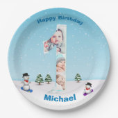 大1歳の誕生日の冬の雪の氷フォトコラージュ ペーパープレート (正面)