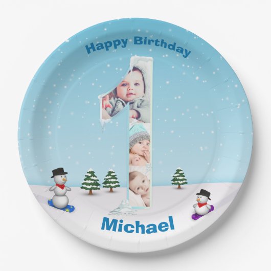 大1歳の誕生日の冬の雪の氷フォトコラージュ ペーパープレート (正面)