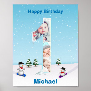 大1歳の誕生日の冬の雪の氷フォトコラージュ ポスター