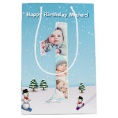 大1歳の誕生日の冬の雪の氷フォトコラージュ ミディアムペーパーバッグ (正面)