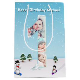 大1歳の誕生日の冬の雪の氷フォトコラージュ ミディアムペーパーバッグ