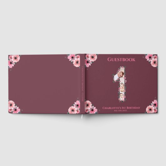 大1歳の誕生日フォトコラージフラワーガールピンク ゲストブック (全面)