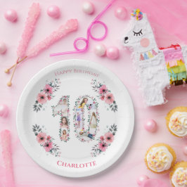 大10誕生日ガールフォトコラージピンクフラワー ペーパープレート