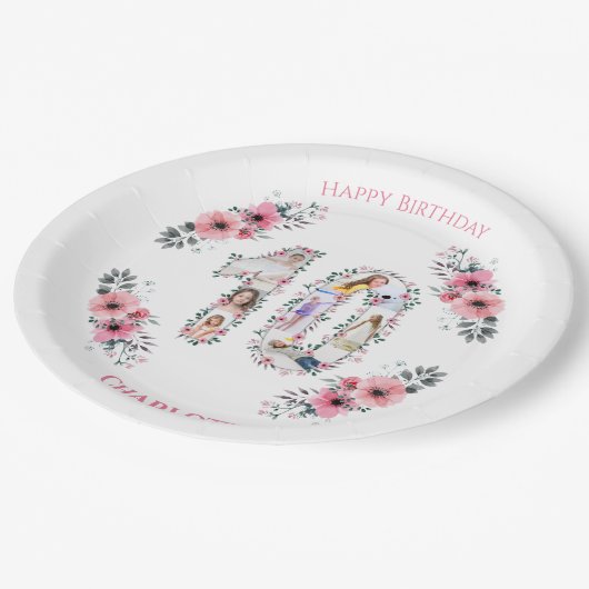 大10誕生日ガールフォトコラージピンクフラワー ペーパープレート (アングル)