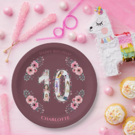 大10誕生日ガールフォトコラージピンクフラワー ペーパープレート