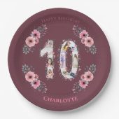 大10誕生日ガールフォトコラージピンクフラワー ペーパープレート (正面)