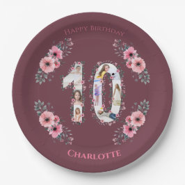 大10誕生日ガールフォトコラージピンクフラワー ペーパープレート