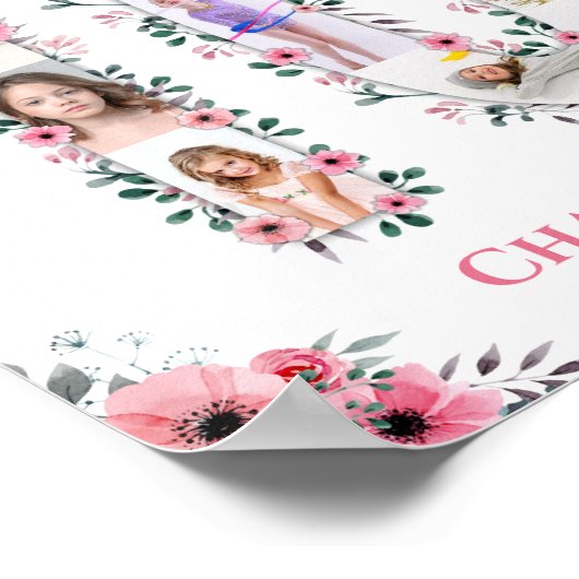 大10誕生日ガールフォトコラージピンクフラワー ポスター (角)