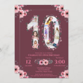 大10誕生日ガールフォトコラージピンクフラワー 招待状 (正面/裏面)