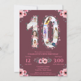大10誕生日ガールフォトコラージピンクフラワー 招待状