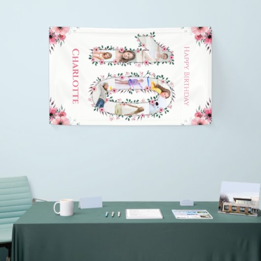 大10誕生日ガールフォトコラージピンクフラワー 横断幕 (トレードショー)